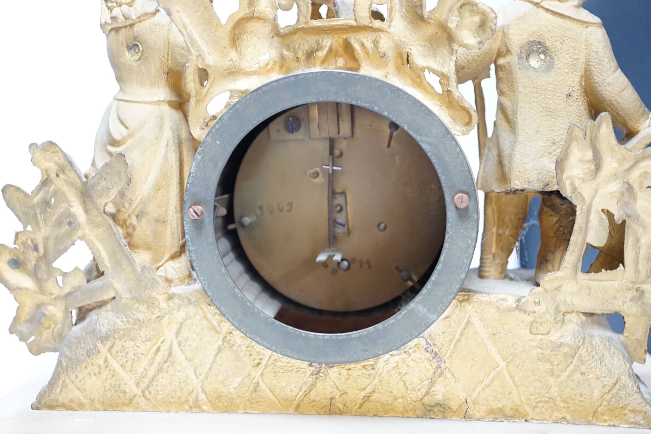 A French spelter and alabaster figural clock garniture, clock 23cm high